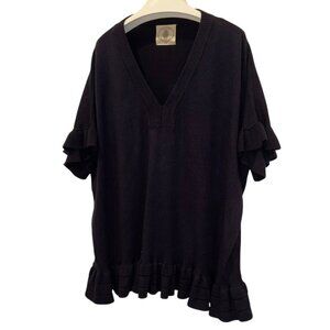muche muchette navy blue ruffle trim hem short sleeved oversized sweater O/S